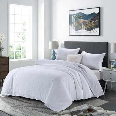  Washed Cotton Jacquard Reversible 3 Piece White Duvet Cover Set