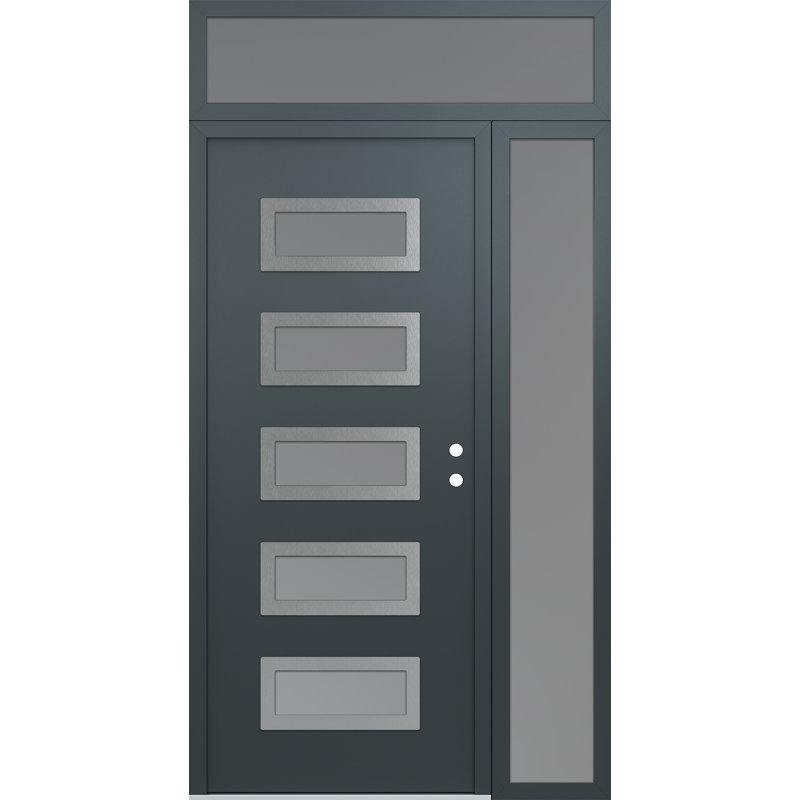 D1 Gauche 50 po. X 96 po. Panneau en acier argenté anthracite et anthracite verre givré avec porte d'entrée avant en verre givré Sidelite et Transom