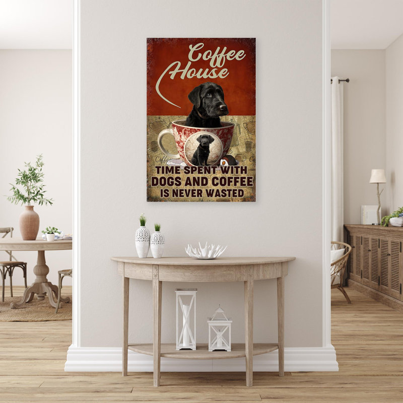 «Coffee House», chien noir sur toile, H 36 po x l 24 po x P 1,25 po