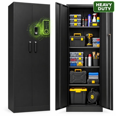 Armoire de rangement métallique Bizoe de 180 cm de haut avec serrure à clavier, casier utilitaire verrouillable en acier avec étagères réglables, capacité de charge de 68 kg par étagère, conception étroite pour garage, cuisine, sous-sol ou bureau, noir