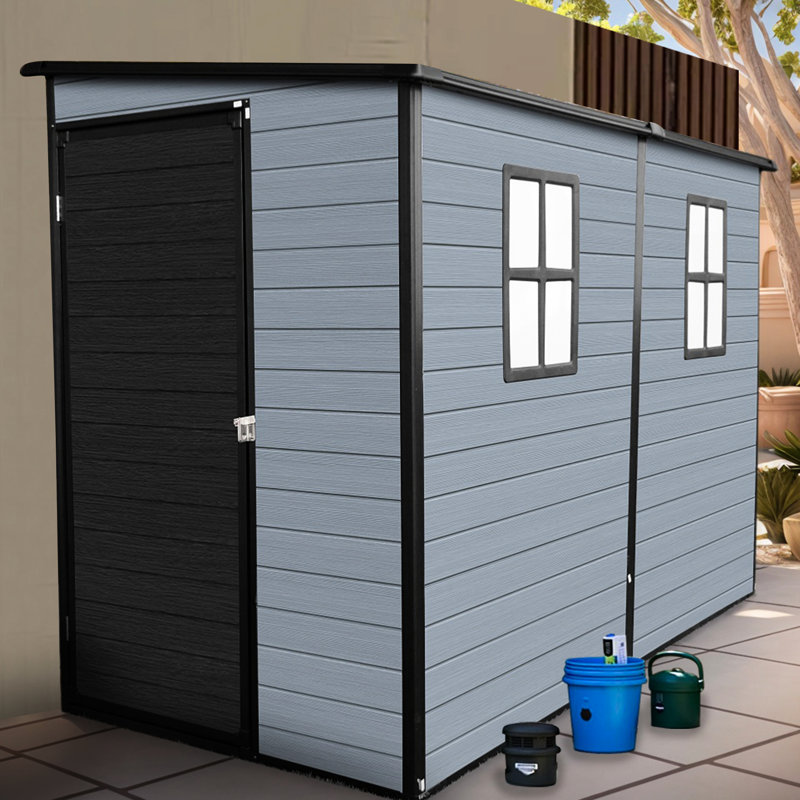 Remise de jardin extérieure en résine avec porte verrouillable, deux fenêtres et résine double couche, idéale pour les outils de jardinage Poubelles de 14 mm d'épaisseur