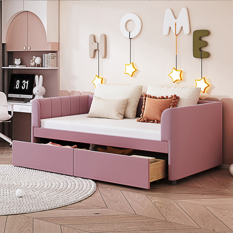 Modern Twin Size Upholstered Daybed With Ergonomic Design Backrest And 2 Drawers, Pink
