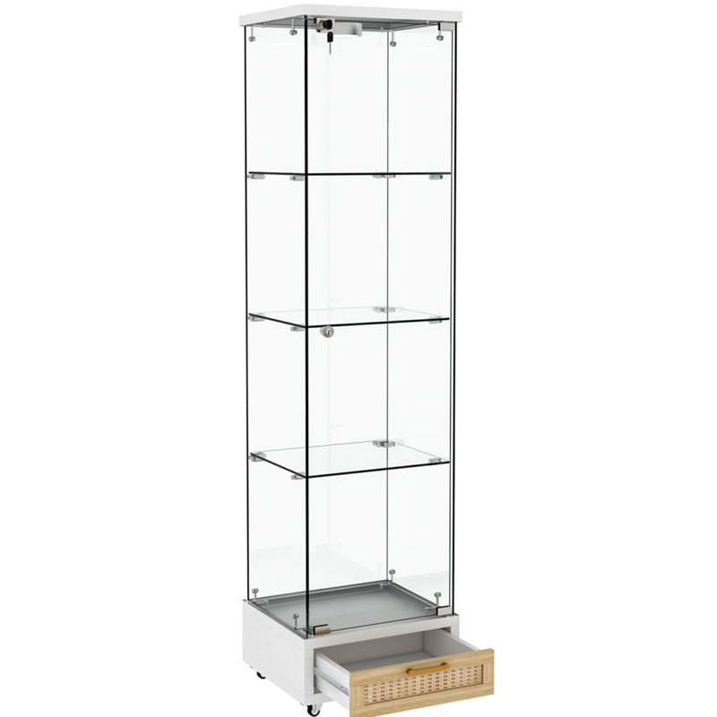 Stylish Four - Tier Tempered Glass Storage Case With Drawer, 13 Colour Led Lights And Flexible Mobility For Office Decor Antique Style Display Cabinet Locking Adjustable Small Bedrooms'
