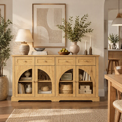 Buffet moderne, armoire de rangement d'appoint avec tiroirs et portes en verre arquées pour le vestibule, le salon et la salle à manger