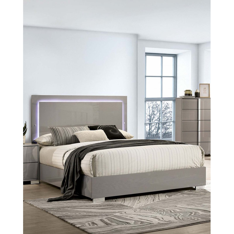 Lit 1Pc avec tête de lit à DEL avec finition UV et chambre à coucher (seulement lit), Taupe, Grand