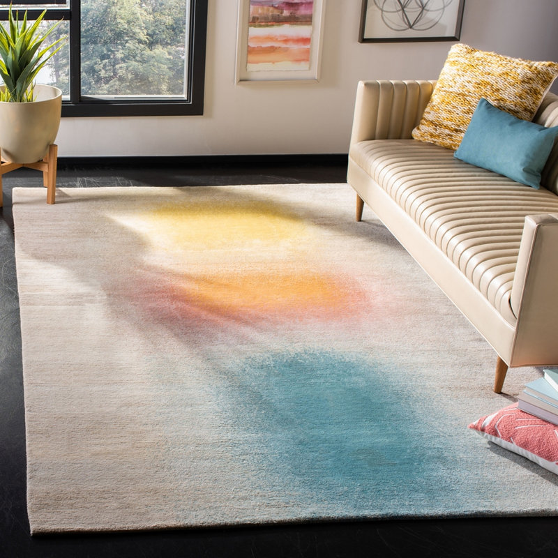 Multicolor Geometric Hand-Knotted Wool and Silk 6' x 9' Rug
