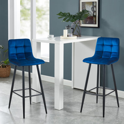 Set Of 2 High Barstools With Blue Velvet Covered Backrest And Metal Footrest,seat High 75cm