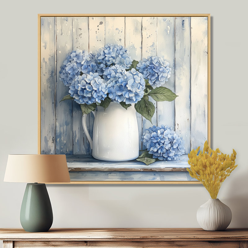 Minimalisme, hortensias dans un pot à lait II - hydrangées, art mural, Impression encadrée flottante, Crème, crème