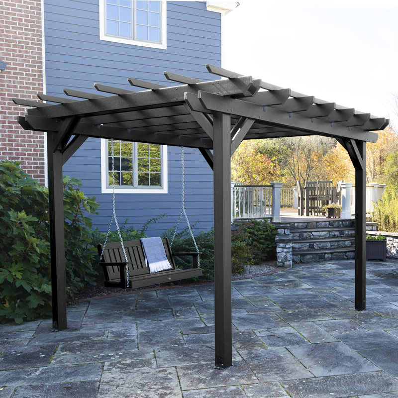 Highwood Bodhi Lawn & Garden Pergola with Highwood Lehigh Swing, Coastal Teak, 8 ft. H x  11.5 ft. W x 10 ft. D