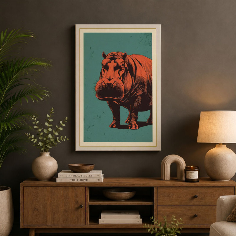 Hippopotamus Presence Rustic - Wrapped Canvas, 36x24 - 91.4 x 61.0 cm, Ochre Border