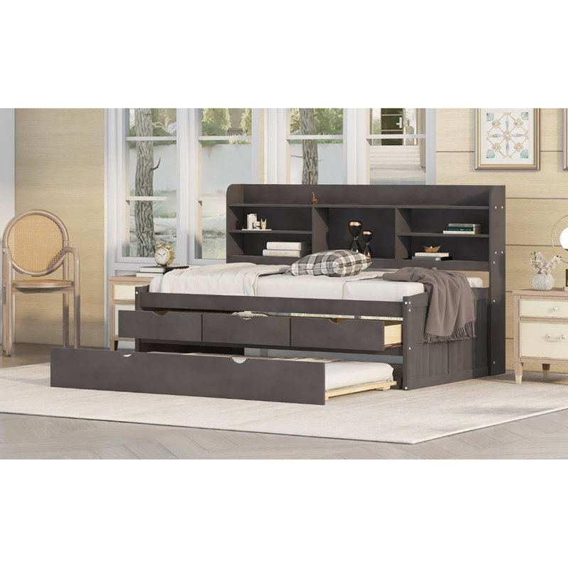Lit en pin polyvalent avec rangement au design classique gris antique pour les chambres d'invités