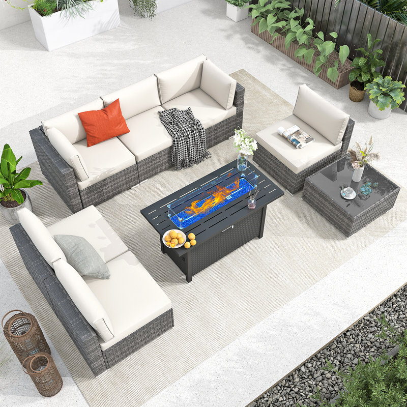 Ensemble de conversation modulaire en osier pour 6 personnes avec coussins, Coussin blanc / cadre gris