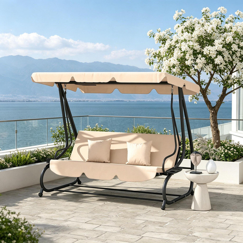 Balancelle de véranda autoportante grise avec auvent, sièges de balançoire indépendants et porte-gobelets pour terrasse, H 67 po