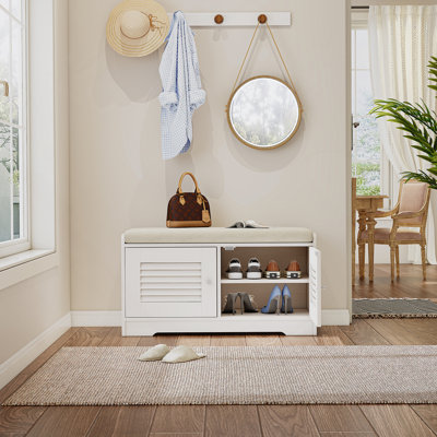 Banc de rangement pour chaussures 29,5 po avec armoire à 2 portes, banc d'entrée avec rangement pour chaussures blanc, banc à chaussures avec coussin, tablettes réglables