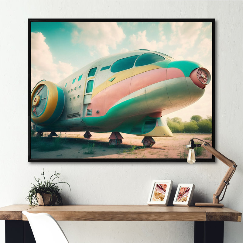 Rétro avion III - train de transport, art mural sur toile, L 20 po x H 12 po, Cadre flottant noir