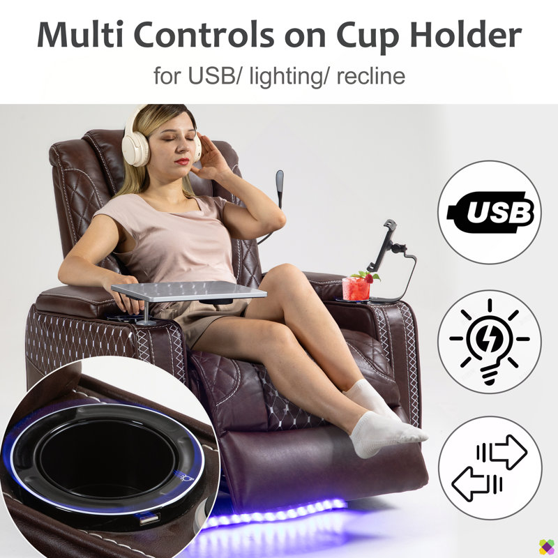 Ryun 34.25"W Faux Leather Recliner, Reading Light, USB, Arm Table & Console Box, Cup & Phone Holder, Brown