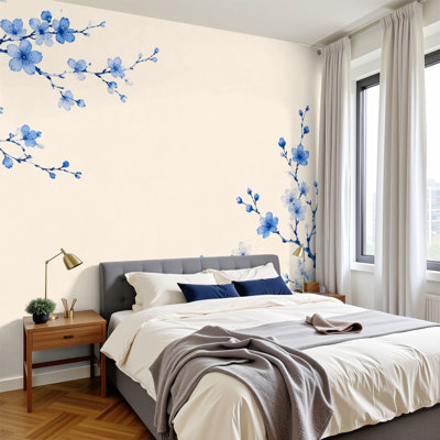 Peel and Stick Wallpaper Blue Cherry Blossom Branches Beige Minimalist Botanical Wall Art Wall Murals 100"H x 144"W Removable PVC Wall Paper Self-Adhesive Wall Decor for Bedroom Home Office