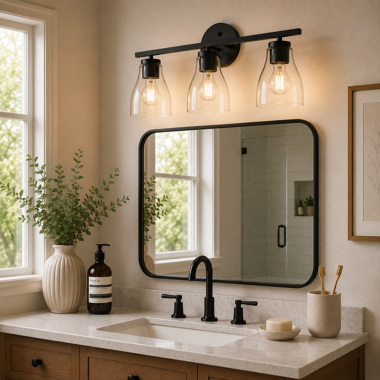 Modern Clear Glass Shade Vanity Wall Light With Steel Frame, Matte Black, 3 Lights, 10" H x 22" W x 6.5" D