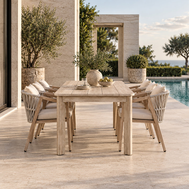 Ensemble de salle à manger de patio en bois d'acacia pour 6 personnes avec coussins amovibles