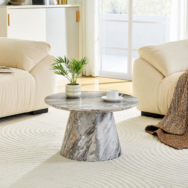 Table basse circulaire texturée en panneau de fibres à densité moyenne - diamètre 23,6 pouces, hauteur 13,7 po. Placage texturé gris, texture délicate, adaptable au plateau de table circulaire.