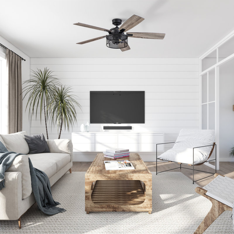 Ventilateur de plafond 52 po avec lumières DEL et télécommande Carnegie, Noir mat avec pales brun / beige