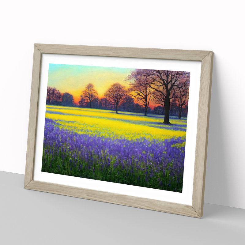 Inspiring Bluebell Field Sunrise - Framed Print, 25cm H x 34cm W x 2cm D, Oak Framed