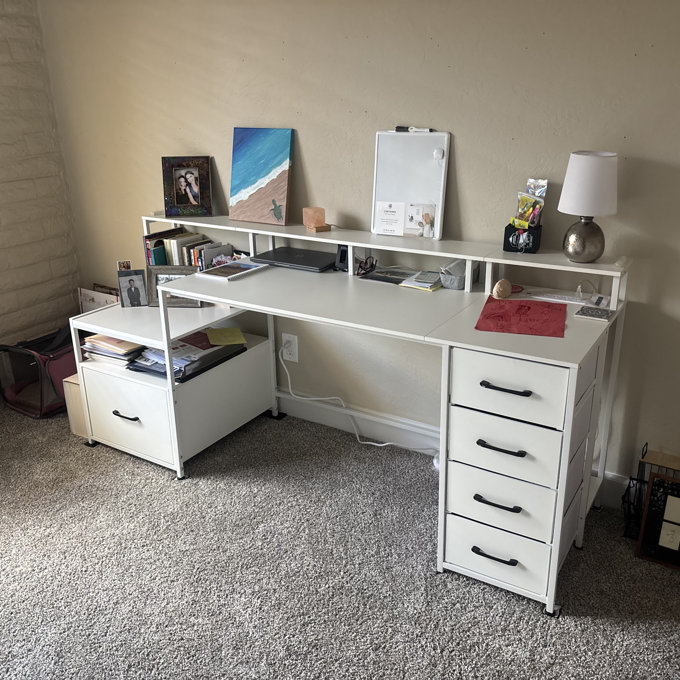 75'' Large Computer Desk with File Drawer & Power Outlet Led Lights - White