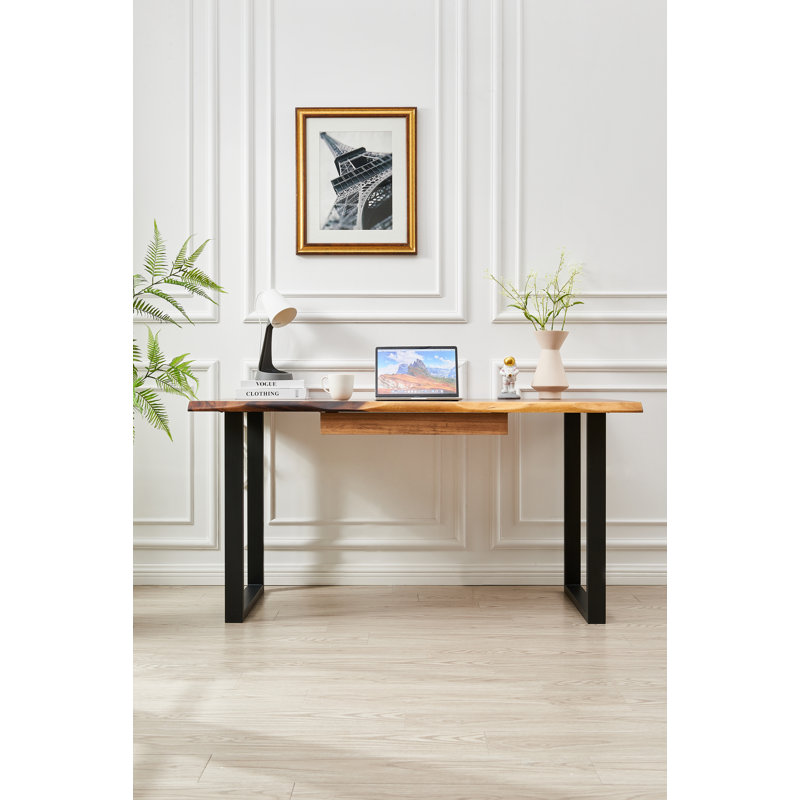 Live Edge Desk with U Shaped Legs and South American Walnut, with Drawer Storage, 29.5" H x 34" W x 20" D