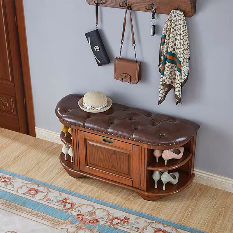 Banc rembourré en cuir véritable brun noisette