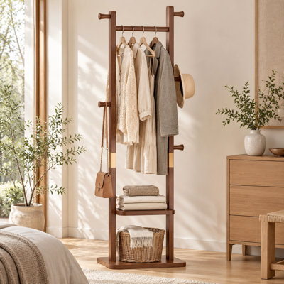 Porte-manteau en bois massif de 180 cm (70,8 po), sur pied, avec base de 60 x 28 cm (23,6 x 11 po), idéal pour l'entrée, la chambre ou le salon, couleur noyer.