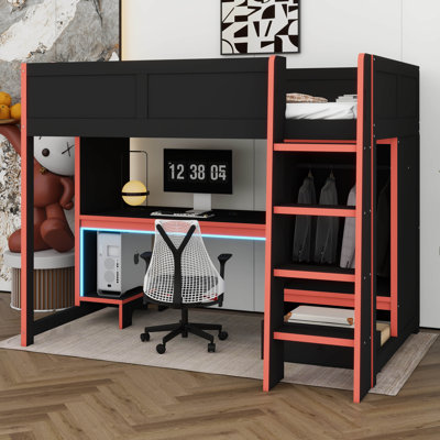 Lit mezzanine en bois pleine grandeur avec bureau intégré, garde-robe, DEL et tiroir, sans sommier, cadre en bois robuste pour la chambre à coucher