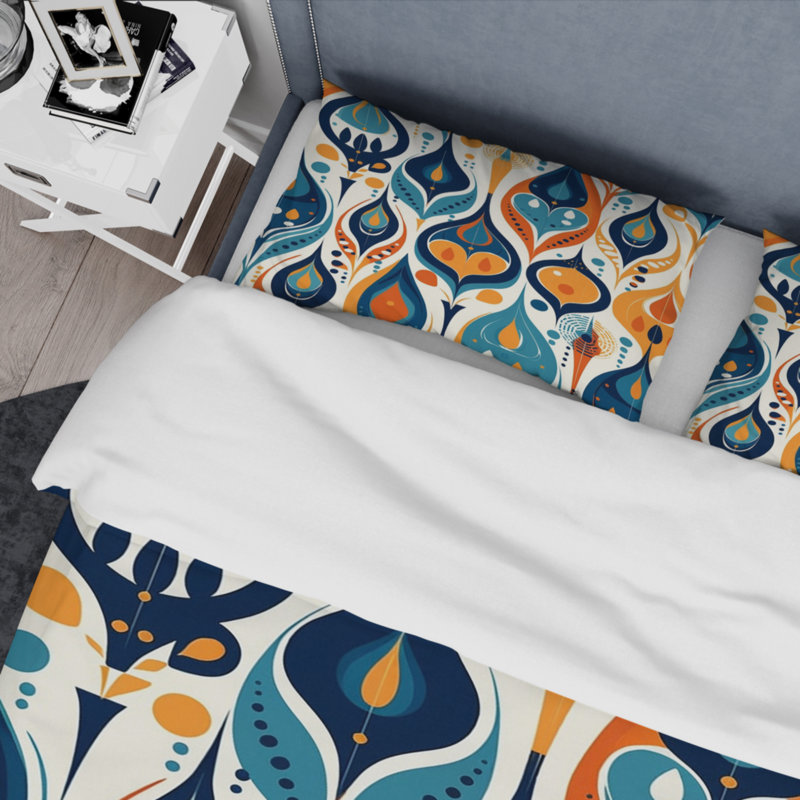 Orange And Blue Botanical Symphony II - Abstract Duvet Cover Set, King Duvet Cover + 2 King Shams