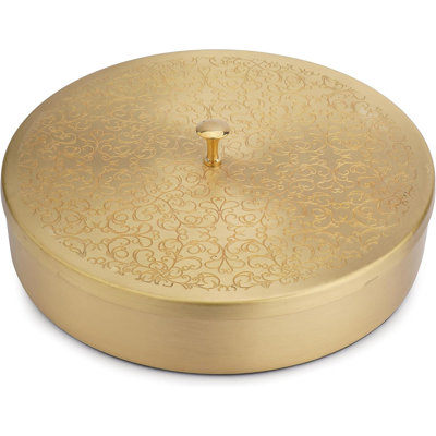 Brass Round Spice Box Golden With Embossed Lid - Beautiful Design 7 Spice Containers And 1 Designer Spoon Decorative Masala Canister Organizer Gifts