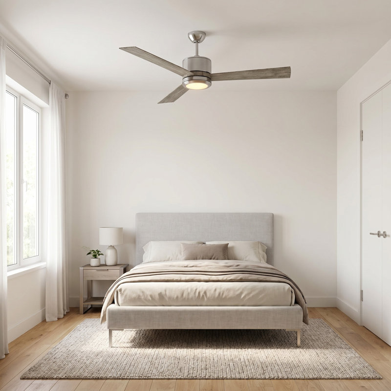 Tulsi Ceiling Fan with LED Lights, Brushed Steel/Light Gray Weathered Oak Blades, 52