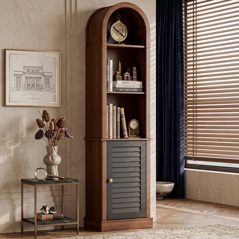 68" Tall Arched Corner Display Case with Louvered Shutter Door, Walnut Brown