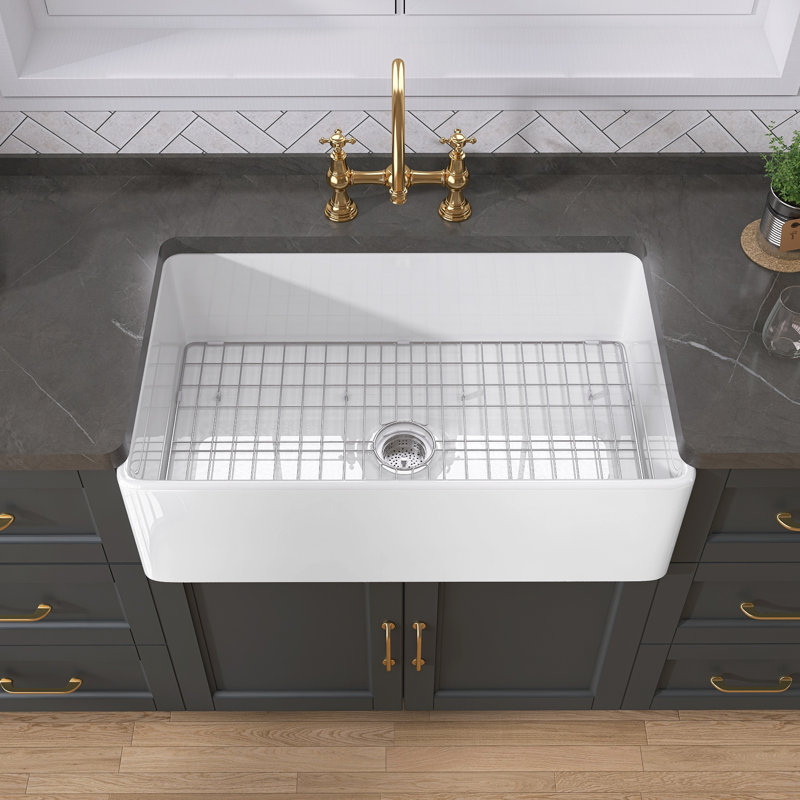 33" L X 20" W Single Bowl Farmhouse Kitchen Sink With Sink Grid And Basket Strainer