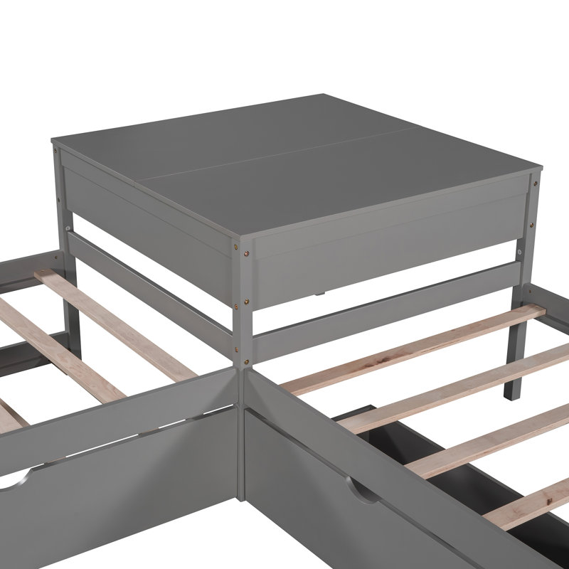 116.3"W L-Shaped Platform Bed With Trundle And Drawers Linked With Built-In Desk, Twin, Espresso, Grey