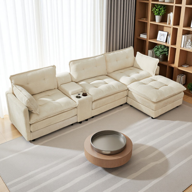 119" L-Shaped Oversized Corduroy Modular Sectional Sofa With 1 Ottoman And Multi Functional Console, 4-Seater Upholstered Couch With USB And 2 Cup Holder