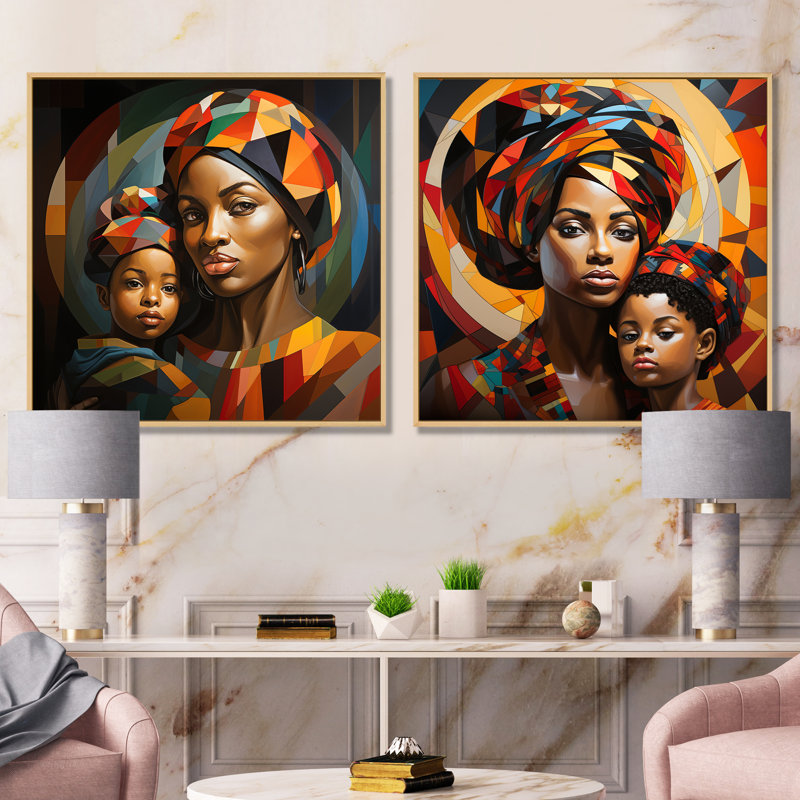 Orange orange, mère et enfant «Bond I» - ensemble d'art mural sur toile Art africain, Encadrement brun