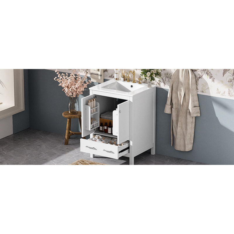 Meuble-lavabo de 24 pouces avec lavabo encastré intégré, deux portes, un tiroir, une tablette de porte à double couche, une conception à fermeture en douceur et un espace de fonctionnement silencieux pour les salles de bain d'invités