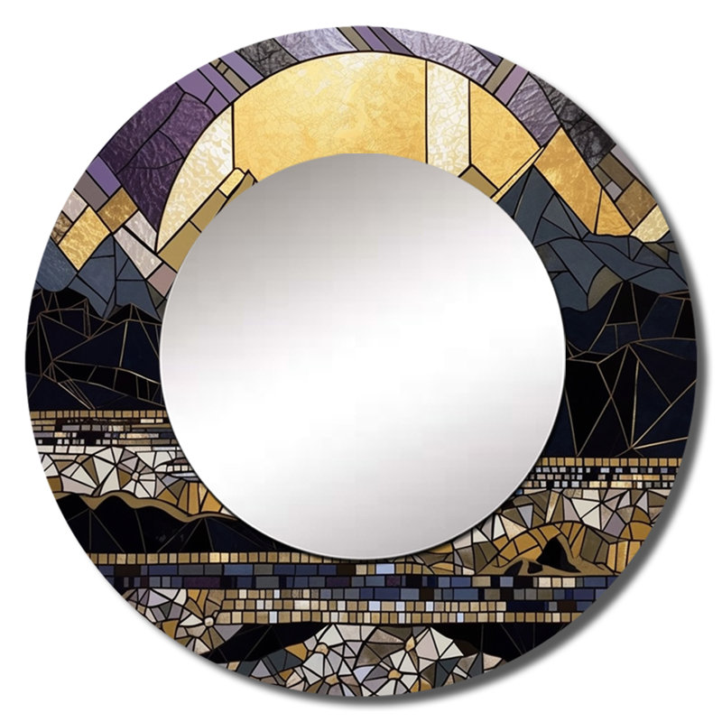 Vitrail doré Gislain - miroir unique de ville, grand miroir mural rond doré, impression d'art en métal, 36 po x 36 po