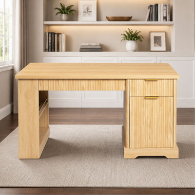 55" Fluted Office Desk with Storage Cabinet, Power Outlet, Pegboard & Keyboard Tray, Oak