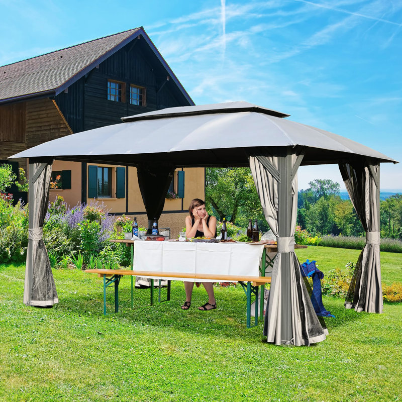 Pavillon de jardin 10 pi x 14 pi - gris Double toit ventilé, rideaux d'intimité. Structure en métal. Filet amovible. Pour le patio extérieur, la cour arrière, la terrasse, la pelouse 10 X 14 pi, les toits pour la ventilation. . . Spacieux de 6 à 8 po. Utilisation