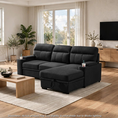 Zen Sleeper Sectional with Storage and Pull-Out Bed, Black Microfiber