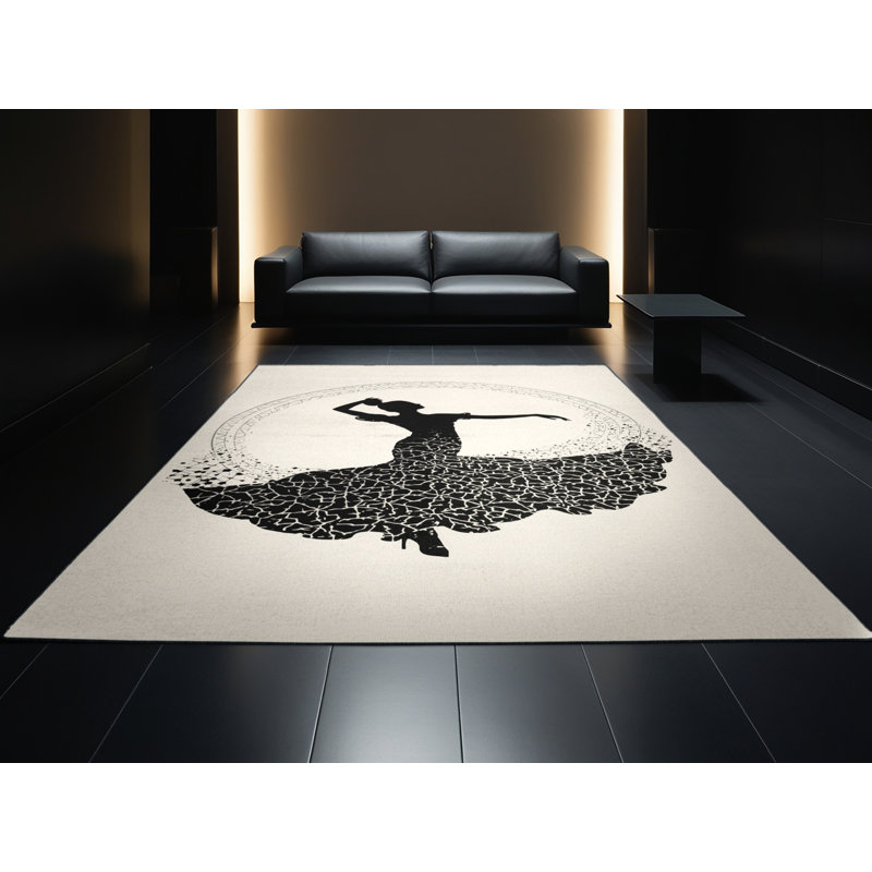 Machine Washable Orfelinda Flamenco Dancer Global Inspired Moroccan Rug in Beige – Black Binding, 7x9