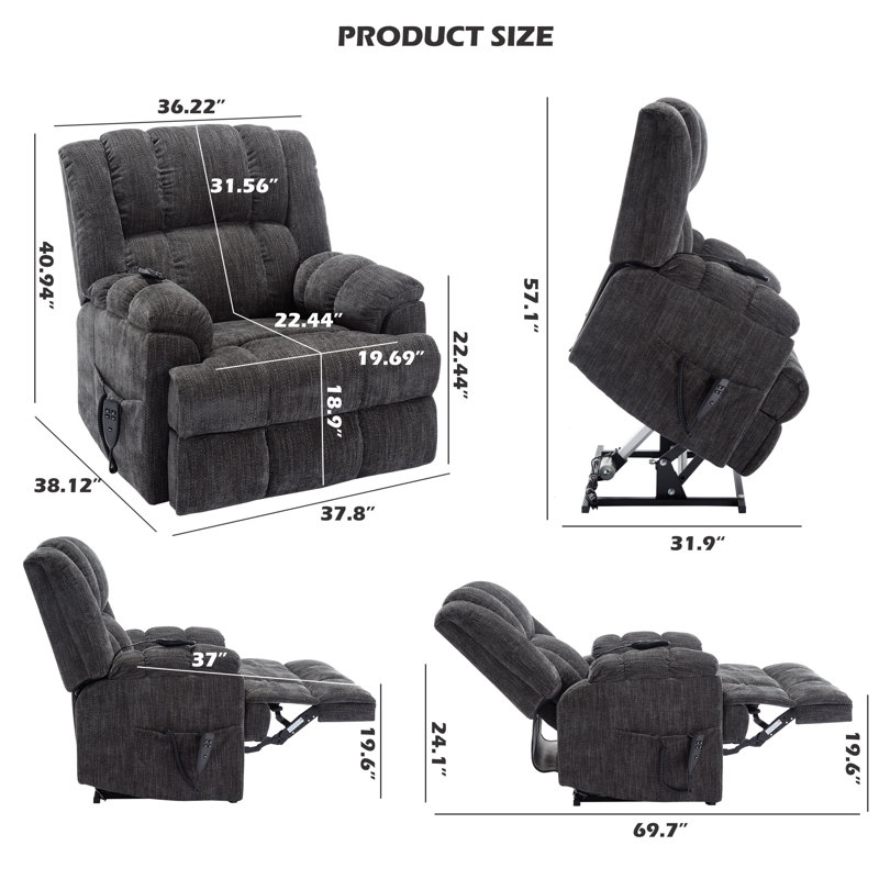Aura Dual Motor Power Lift Recliner with Heat and Massage, Infinite Position, 180°Reclining, Sidepocket, Gray