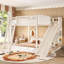 Lit mezzanine double avec échelle, glissade et tablettes de rangement - pour enfants, structure en bois de pin robuste, beige-227827441-227827444