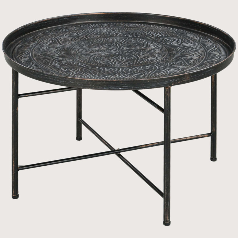 Pewter Round Metal Coffee Table with Hammered Tray Top