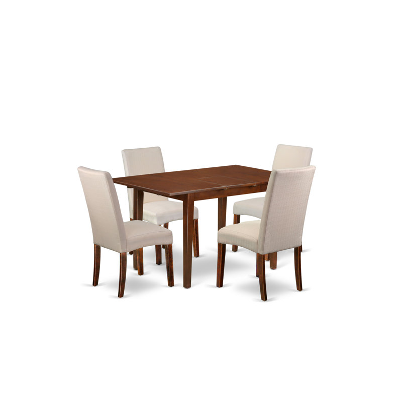 5 Piece Dining Room Table Set Includes a Rectangle Kitchen Table with Butterfly Leaf and 4 Cream Linen Fabric Parson Dining Chairs, Mahogany