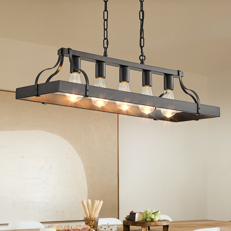 Luminaire suspendu linéaire industriel 5 lumières à hauteur réglable Farmhouse, Noir mat